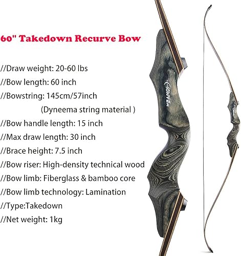 Miniatura 2 de ZSHJGJR Arco recurvo original de 60 pulgadas Black Hunter para adultos, arco largo de caza estadounidense, arco de tiro con arco de 20 a 60 libras