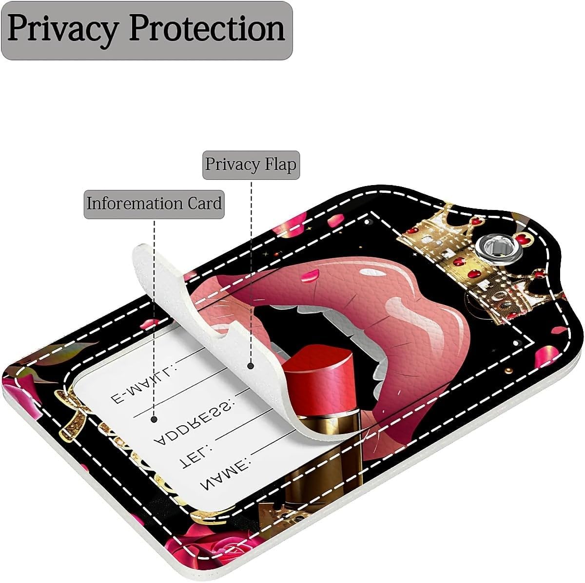 Luggage Tags,Glitter Red Rose Queen Leopard Lipstick Design, Double-Sided Privacy Cover ID Labels with Stainless Steel Loop and Address Card for Travel Bag Suitcase image 2