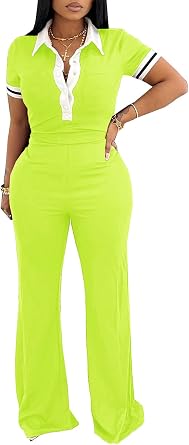 Women Summer Color Block 2 Piece Set Polo Collar Short Sleeve Top and Casual High Waist Wide Leg Pant Outfits