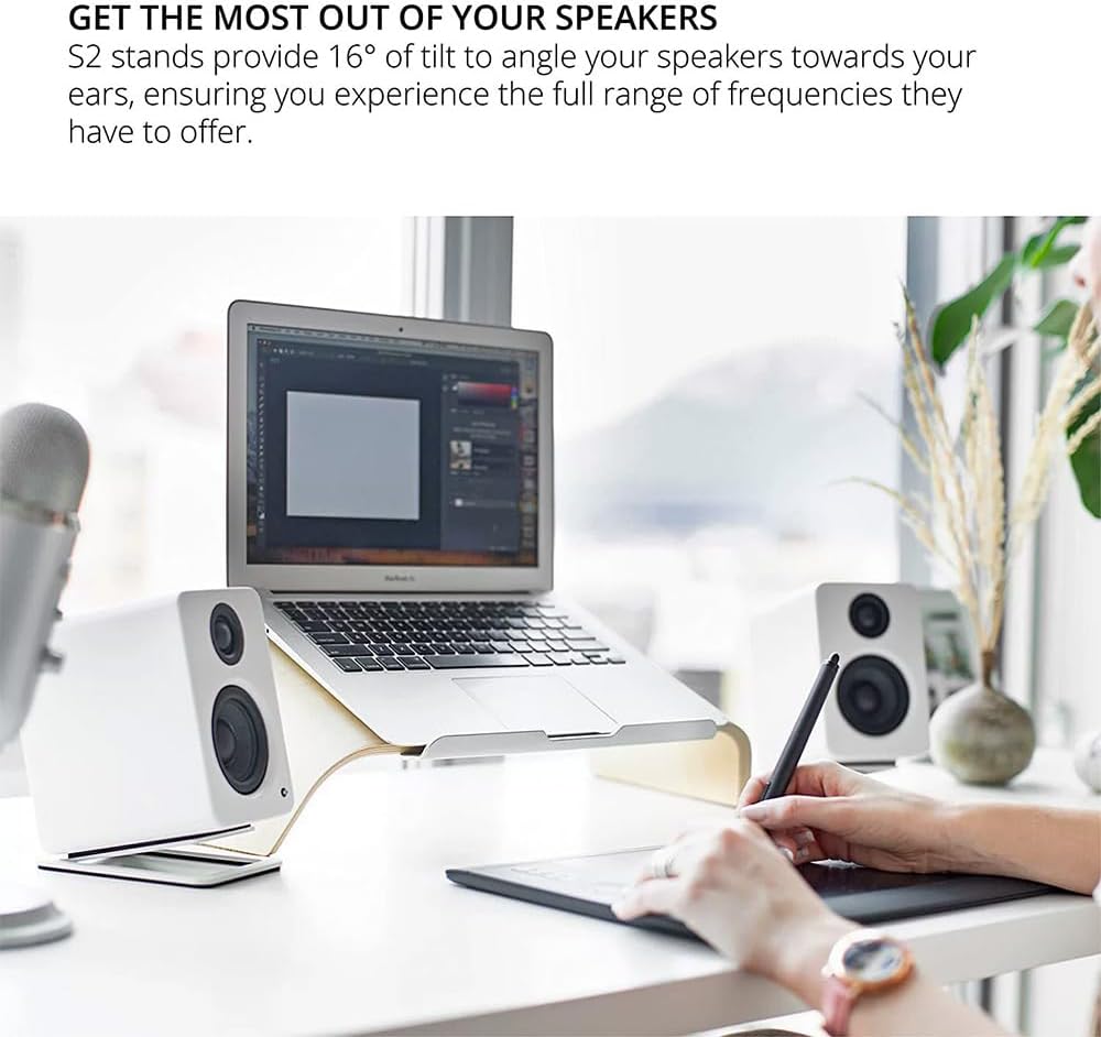 Desktop Sound Stand Base Carbon Steel Material Shock Absorption and Improved Sound Quality Speaker Bracket Tilted for Desktop PC Speakers, Studio and Bookshelf Speakers（A Pair）（White）