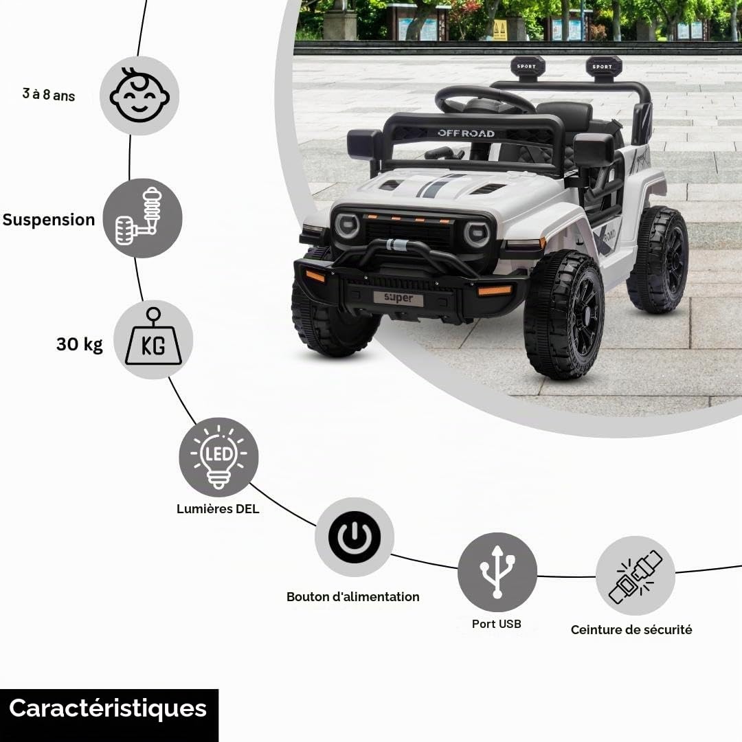 Voiture électrique Enfants Offroad New avec Traction arrière, Blanche, Batterie Lithium, châssis Haut, siège Large, Suspension arrière, télécommande 2,4 GHz, Lecteur MP3 avec USB/AUX, lumières LED