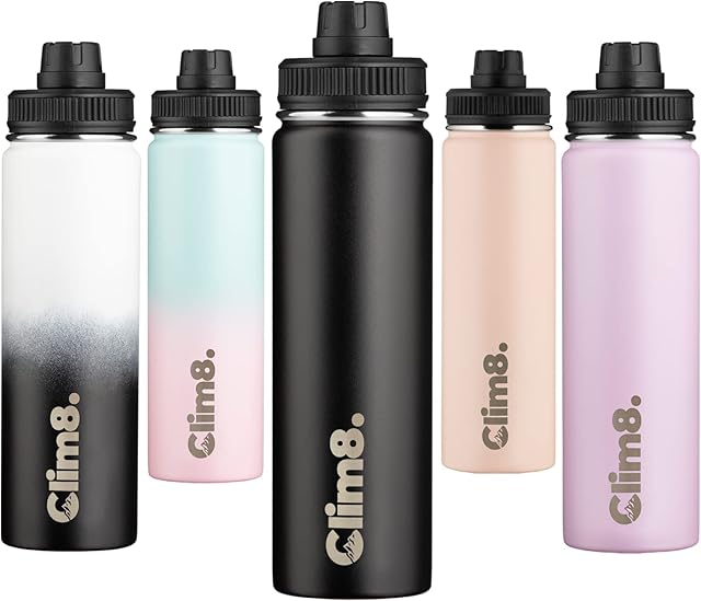 Clim8 Stainless Steel Water Bottle: 650ML Black Insulated Metal Water Bottle Keep Hot and Cold Flask Water Bottle Leakproof Reusable Thermal Water Bottle for Man Women Hiking Sports
