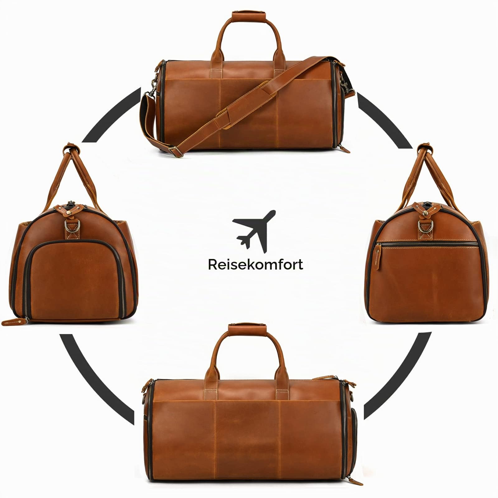 Anzugsack, Reisetasche Herren Echt Leder, Weekender Kleidersack 2 in 1 Garment Bag Mit Schuhfach, Sporttasche für Herren, Hellbraun