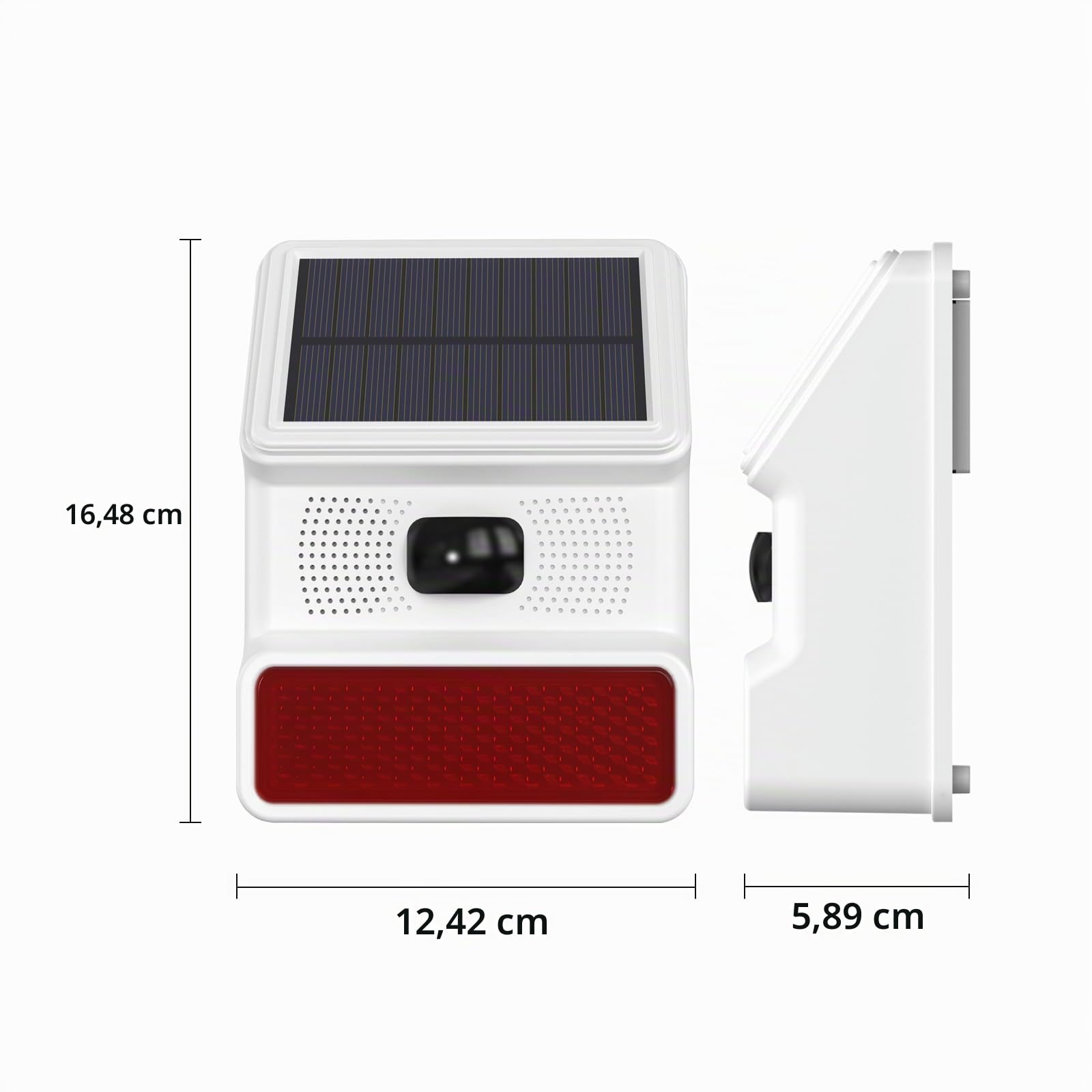 Sirena inteligente inalámbrica para exteriores con detector de movimiento de panel solar, paquete de 2 unidades, alarma fuerte y estroboscópico intermitente, control de romano, fácil de instalar