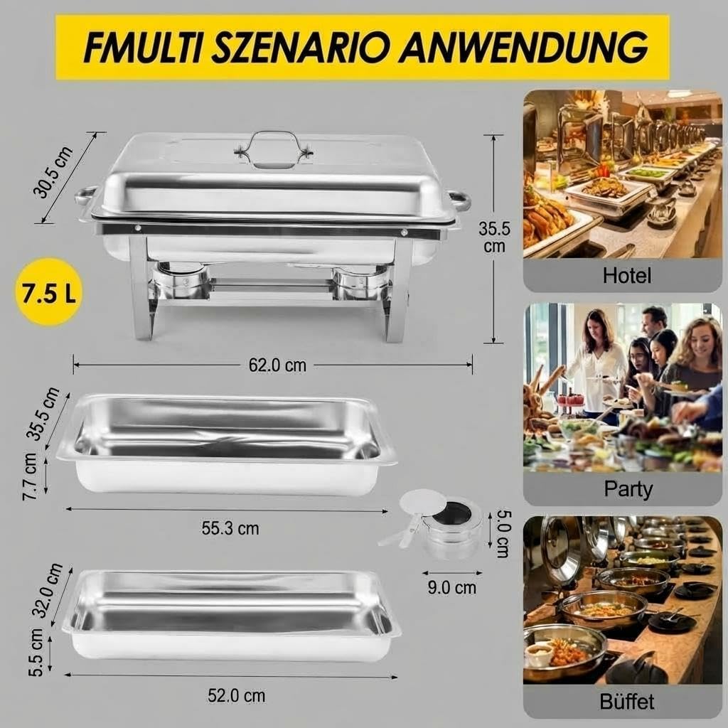 GarveeHome 2er Set Chafing Dish 7,5L Edelstahl Buffetwärmer Speisenwärmer | Brennpastenbehälter inkl.; Hochglanz-Optik; Rechteckig; Spülmaschinenfest; Warmhaltefunktion; Catering & Party-Zubehör