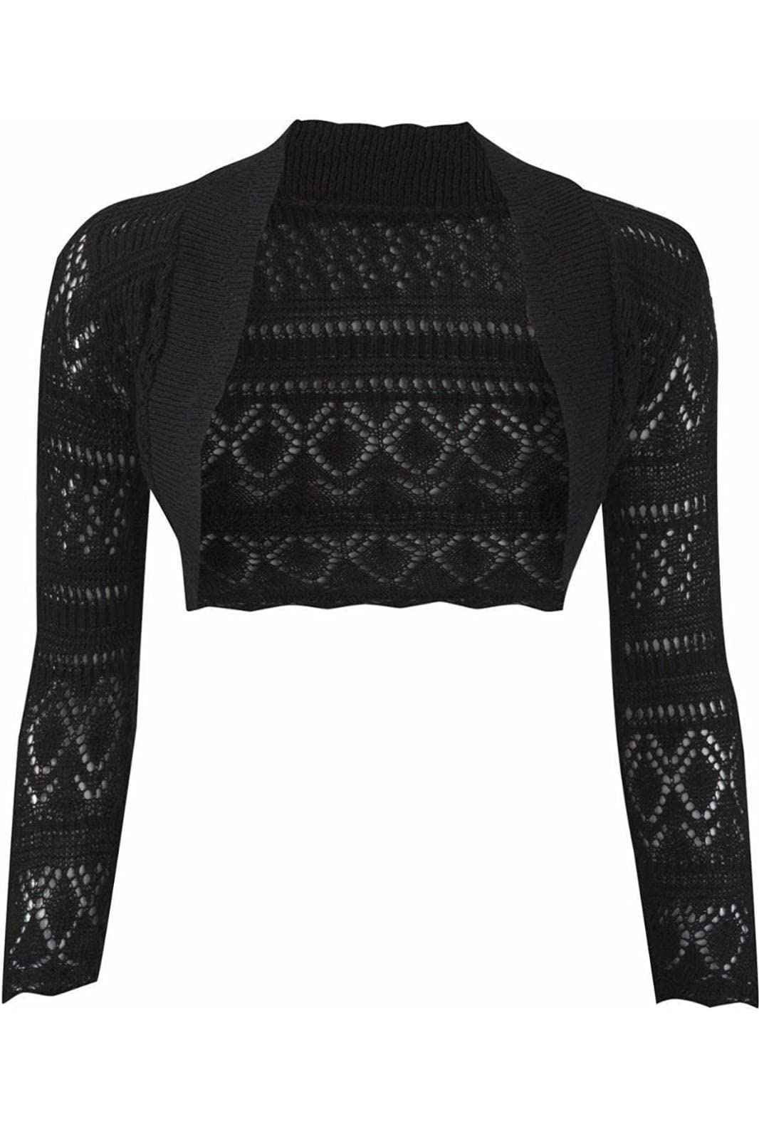 JJ CLOTHING Women's Long Sleeve Crochet Bolero Shrug Plain Cropped Knitted Open Cardigan (Black, M/L)