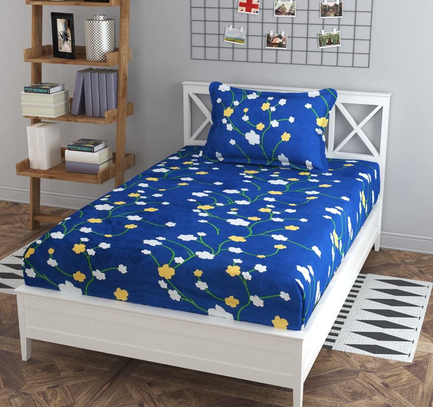 la’ amour Premium Glace Cotton 180TC Flat Single Bedsheets for Summer Breathable | Wrinklefree (Size-90 X 60 Inch) with 1 Pillow Covers(Size-17 X 27 Inches, Dark Blue)