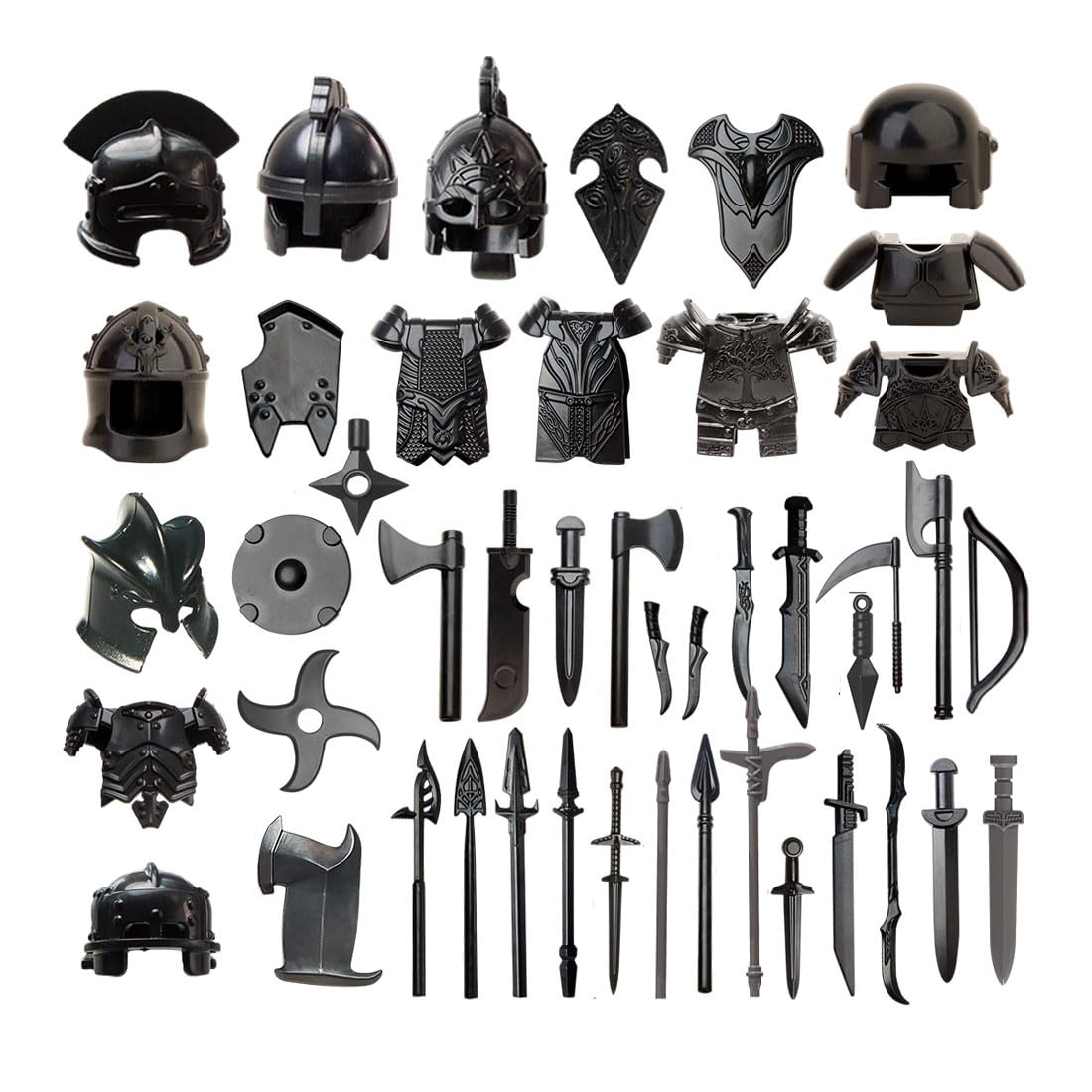 MetaHrystynx Medieval Ancient Weapon Pack Accessories Kits for Minifigures, Include Armor, Helmets, Shields, Weapons Compatible with Major Brands, 45 Pieces