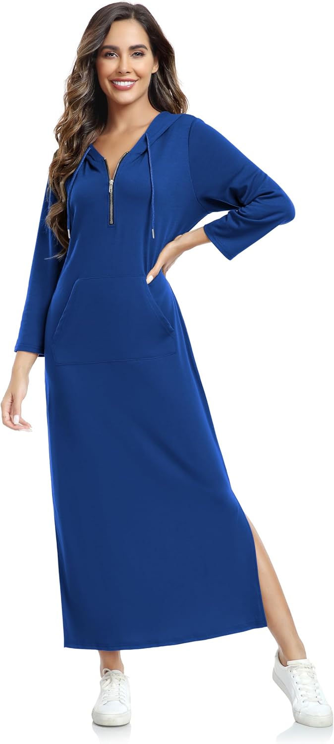 Jacansi Women Zip Up Pullover Hoodie Maxi Dress 3/4 Sleeve Lightweight Slim Split Drawstring Sweatshirt Kangaroo Pocket - Image 6