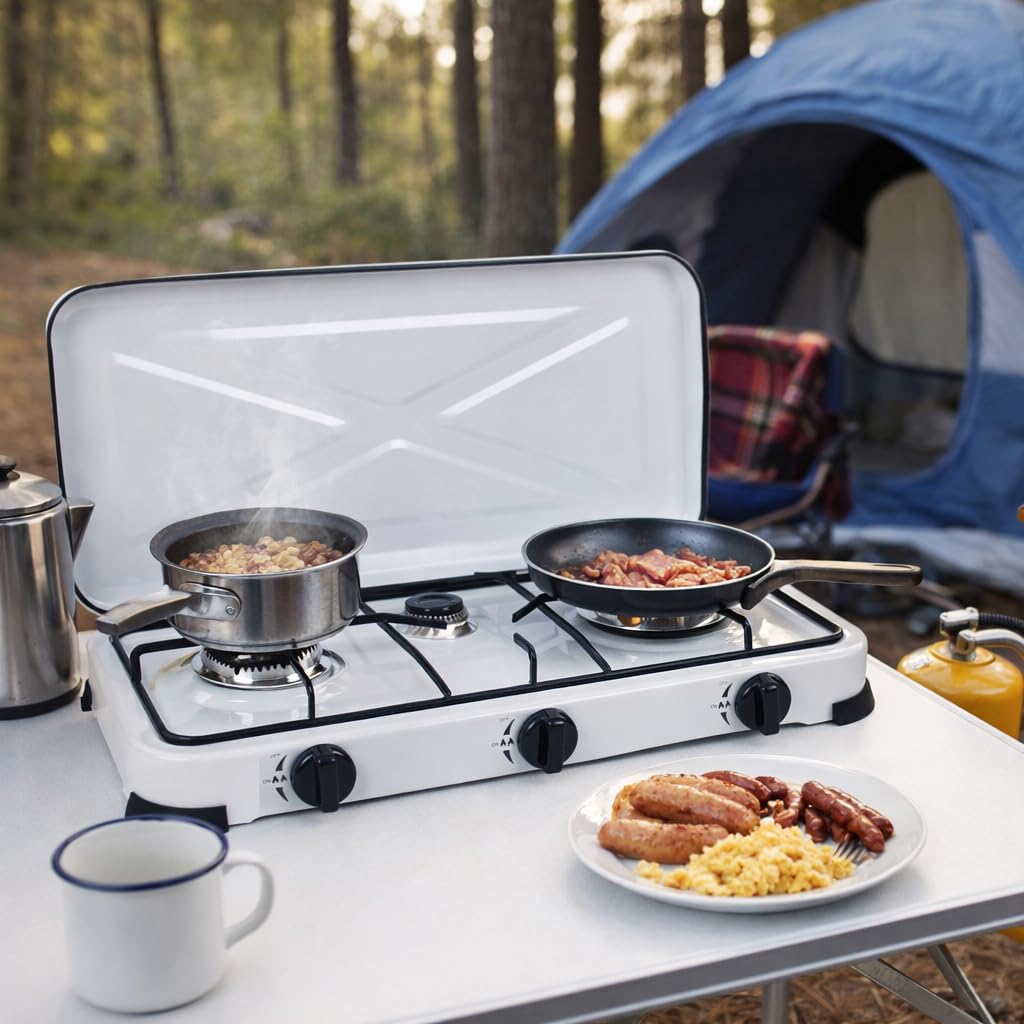 Cocina de Gas Portátil – Quemador de Alta Potencia para Camping, Jardín o Exterior | Fácil de Limpiar | Ideal para Acampadas, Picnic y Autocaravana (3 fuegos)