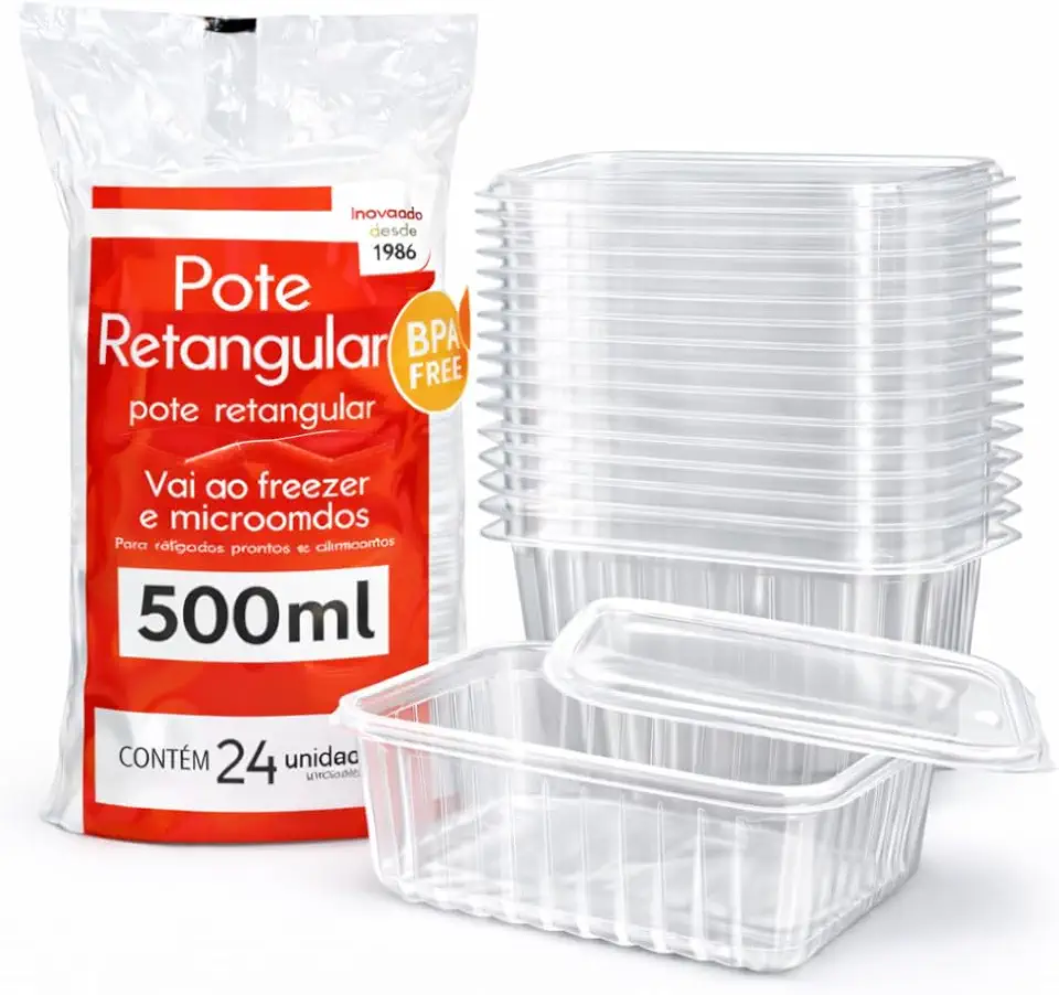 Kit 24 Potes Retangulares 500ml com Tampa. Plástico Livre de BPA, Compatível com Freezer e Micro-ondas, Marmita, Fitness e Armazenamento.