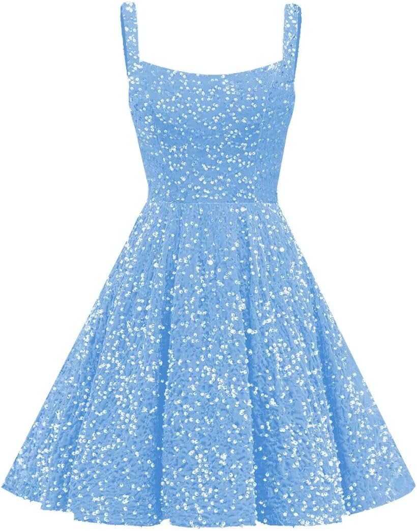 Molisa Sparkly Sequin Homecoming Dresses for Teens 2026 Flowy Spaghetti Straps A-line Short Prom Dress with Pockets