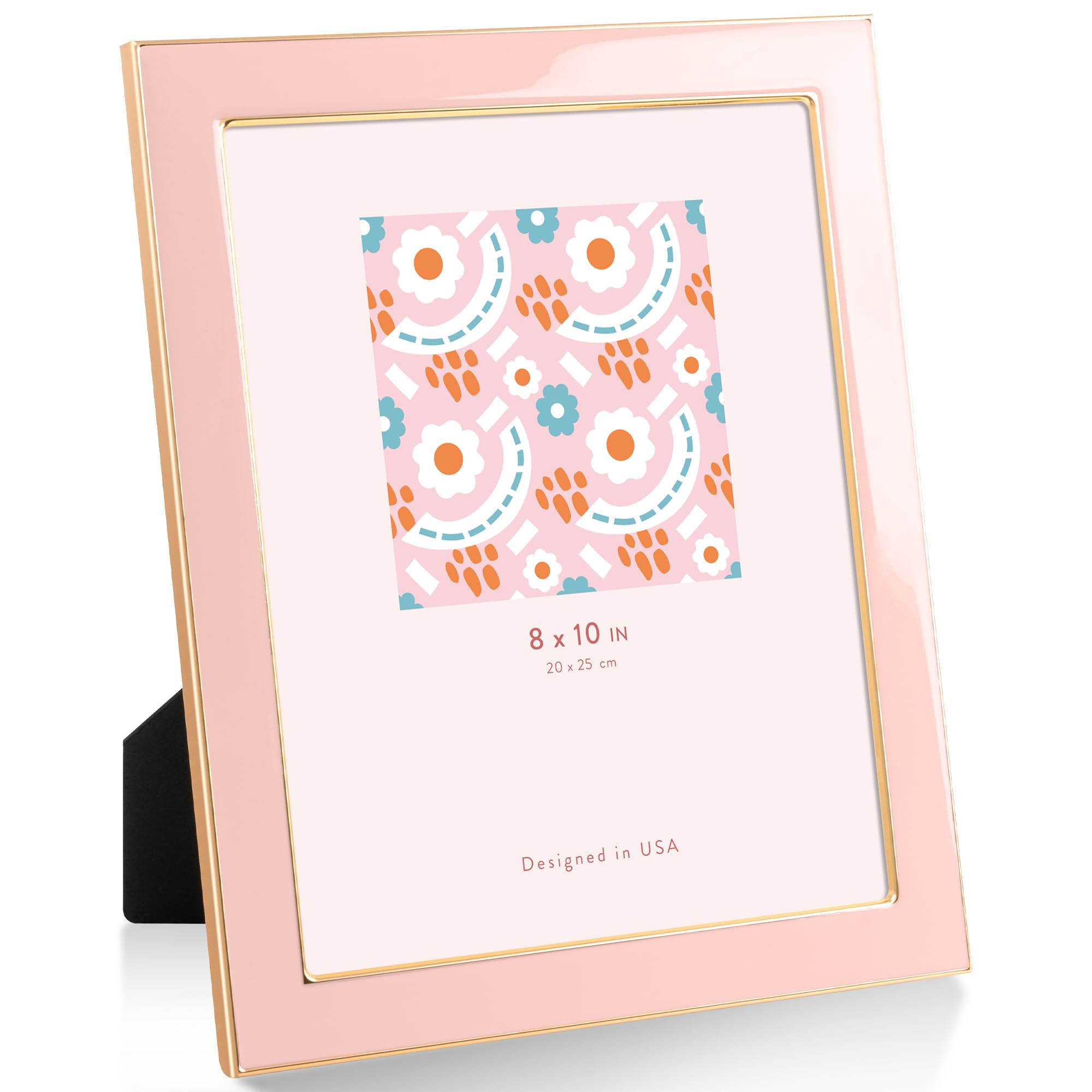 8"x10"(20x25cm) Enamel Picture Frame with Gold Metal Edge, HD Tempered Glass Photo Frame with Velvet Back & Easel Stand for Wall or Tabletop Display Family Office Photo Gallery, Pink