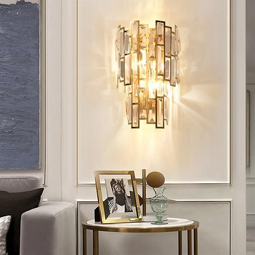 Lámpara de Pared de Cristal Americano, Acero Inoxidable, Oro, Cristal k9, lámpara para Sala de Estar, iluminación de Pasillo, 9 Pulgadas de Ancho, lámpara de Pared Lineal de Acero Inoxidable