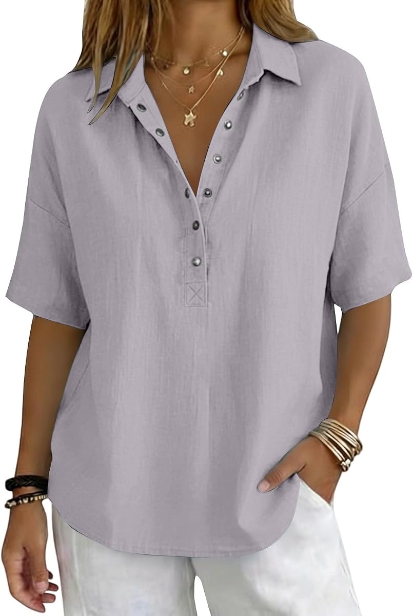Women's Cotton Linen Shirt Short Sleeve Button Down Blouse Loose Fit Casual Gauze Top Beach Office Tee Shirt