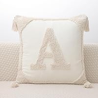 Vista 1 de Fundas de almohada con monograma y borlas de 18 x 18 pulgadas, fundas de almohada modernas de lona de algodón con letras del alfabeto A, para sofá