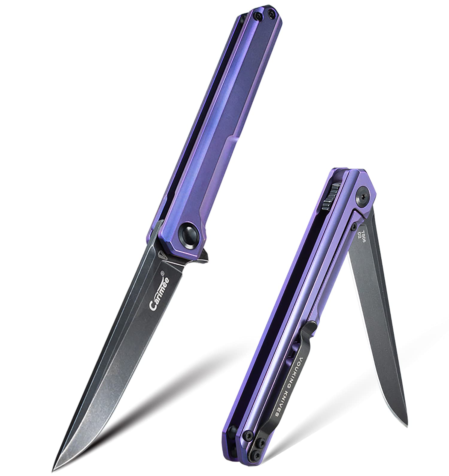 Carimee Titanium Handle Pocket Knife, Folding EDC Flipper Knife Gentleman's Carry Knife Gift Box Purple Titanium Handle With Water Proof Case and Stedemon Vouking Collabration