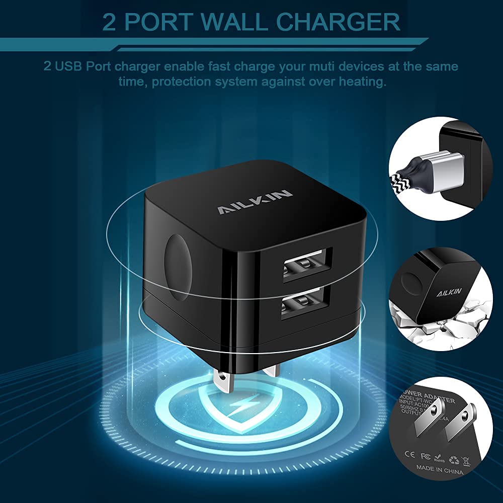 Cargador de pared USB de 2,4 A, bloque de carga rápida de doble puerto, cuadrado, plano, adaptador de corriente para iPhone, Samsung Galaxy, LG Stylo, Google Pixel, conector USB, caja de retención de