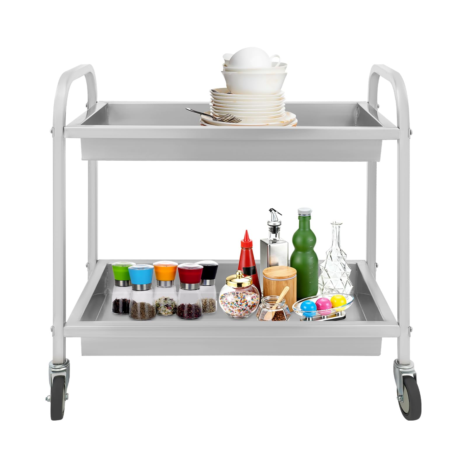 Carrello da portata professionale a 2 livelli, in acciaio inox, con 4 ruote, portata 75 kg, per gastronomia, hotel, cucina, ristorante, bar, catering e uso commerciale (JZSKSL-009900)