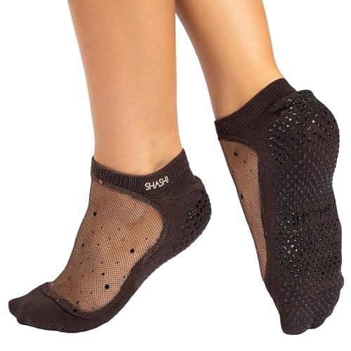 SHASHI Star Mesh Socks - With Grip For Yoga - Non Slip - W/Storage Pouch Pilates Barre Workout Socks - For Women -Black Coffee/Copper-Medium