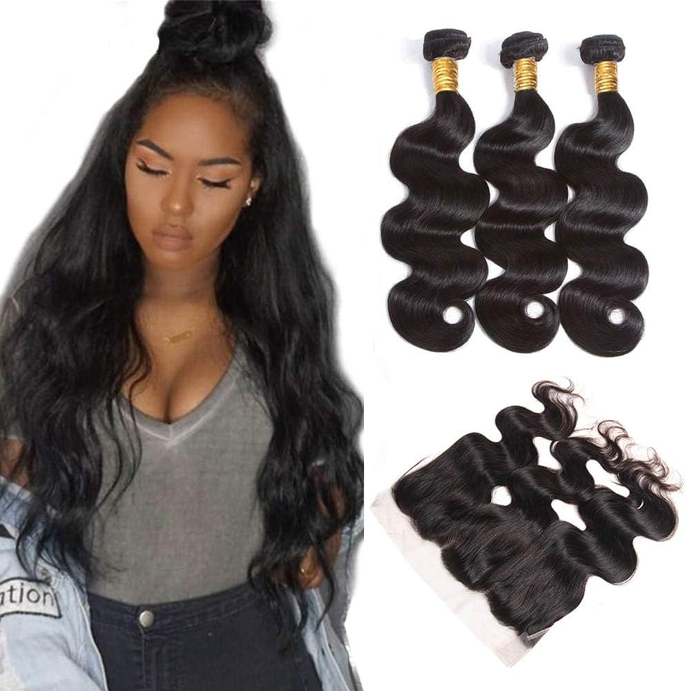 Brazilian Body Wave Bundles and Frontal Virgin Human Hair Weaves 13 X 4 Lace Frontal Closure with Baby Hair Unprocessed 10a Real Hair Weft Extensions Natural Color (26 28 30 +20 Inch 4x13 Frontal)