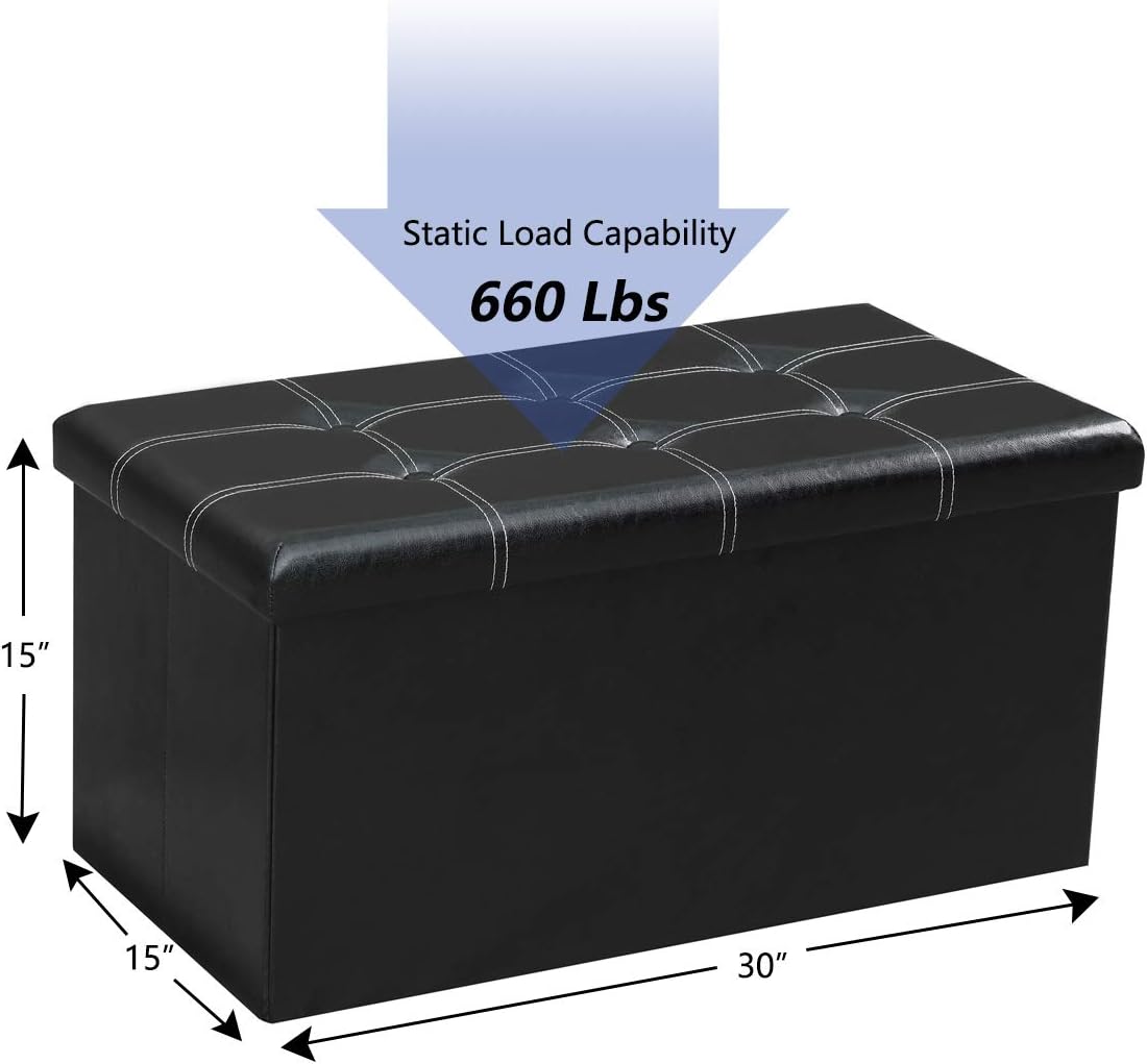 30" Faux Leather Folding Storage Ottoman Bench Foot Rest Seat/Foot Stool,Ottoman with Storage Folding Toy Box Chest for Bedroom and Livingroom,30"¡Á15¡Á15,Black (Large, Black)