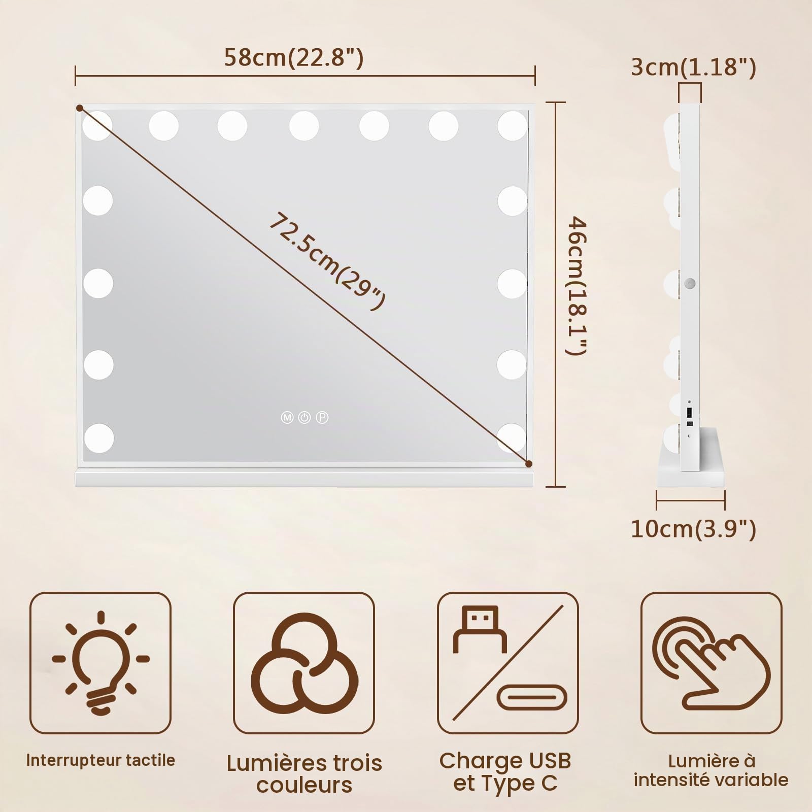 FENCHILIN Miroir Maquillage Hollywood avec Port de Charge USB 15 Ampoules LED Grand Miroir cosmétique avec 3 Modes déclairage Miroir de Table Blanc 58x46 cm
