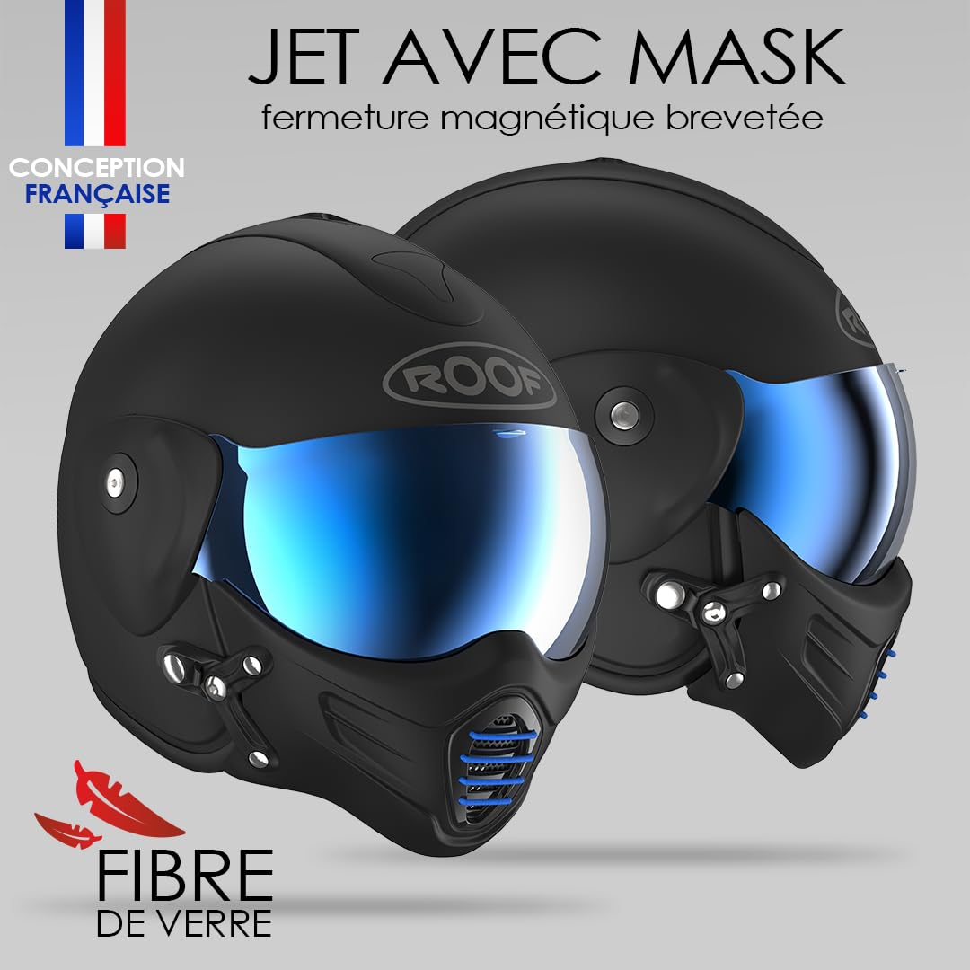 Casque Moto Jet Haut De Gamme ROOF Roadster en Fibre De Verre avec Mentonnière Amovible Magnétique Écran Iridium Inclus– Couleur Iron Noir Mat/Bleu - Offre Directe Usine - Garantie 4 Ans