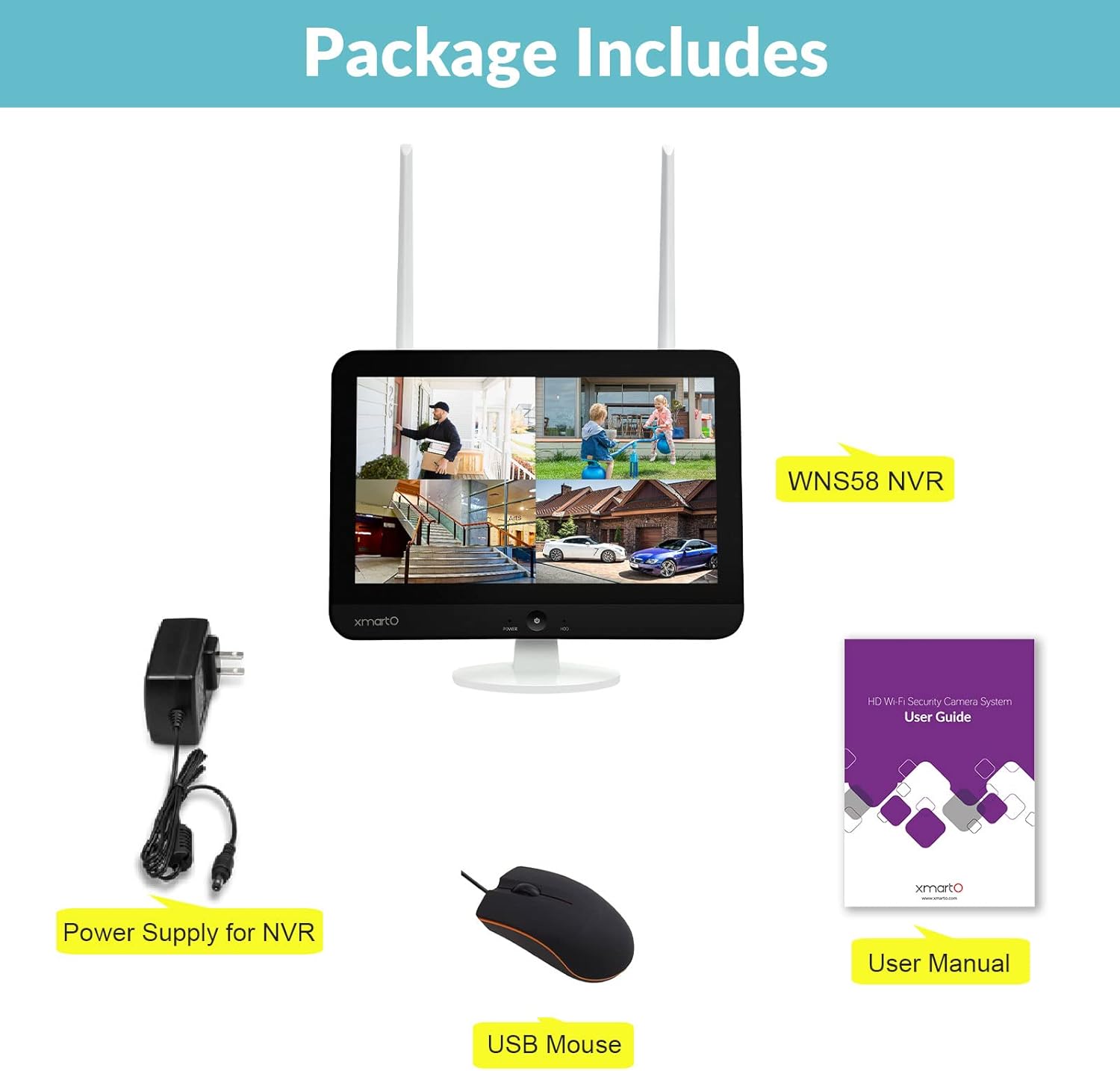 Contents of the XMARTO NVR package including the NVR, power supply, USB mouse, and user manual