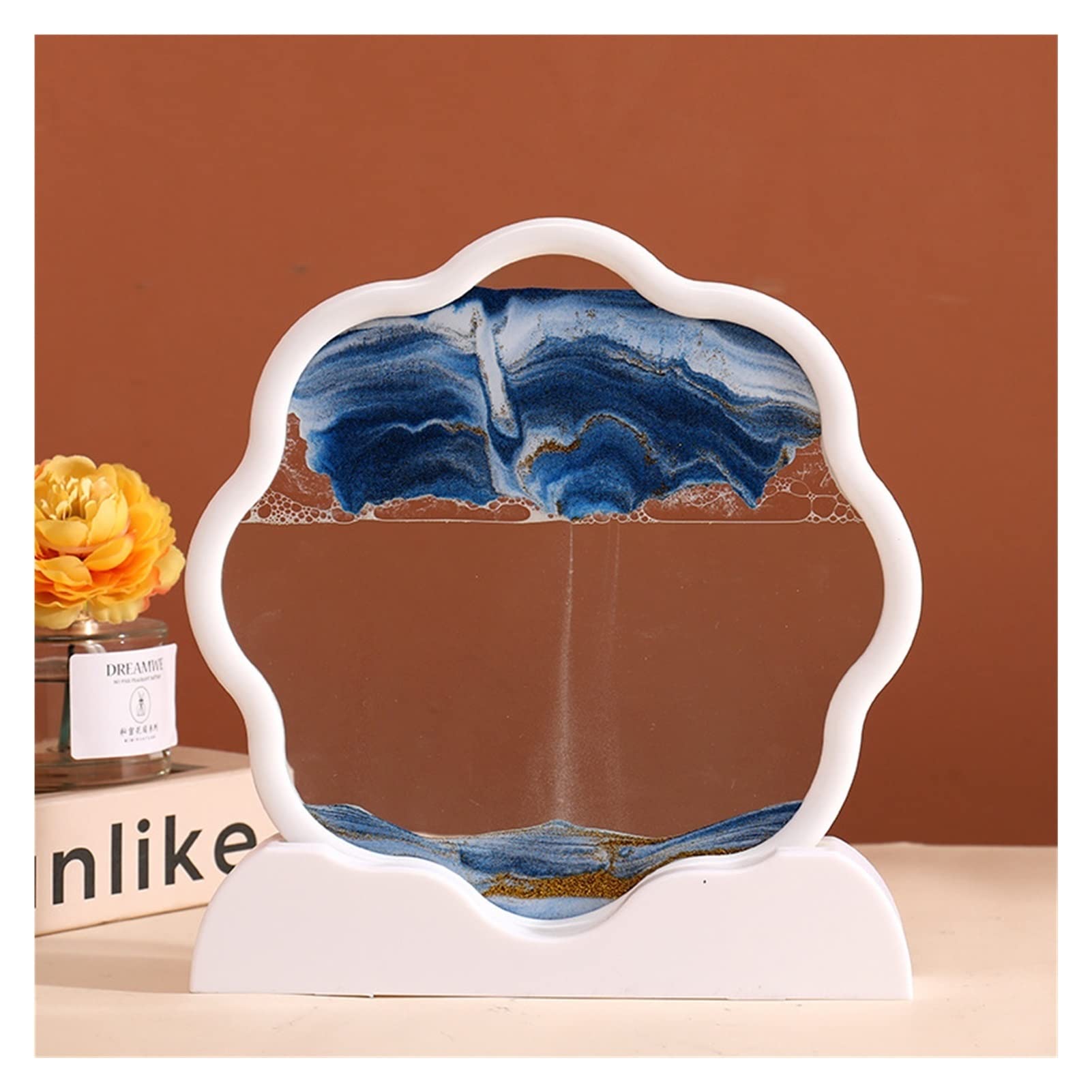 Meiiron Moving Sand Art Picture, Sandscapes 3D Deep Sea Display in Motion Dynamic Flowing Grit Photo Hourglass Desktop Art Sensory Relaxing Desktop Decor Party Gift (Color : White Frame-Blue)