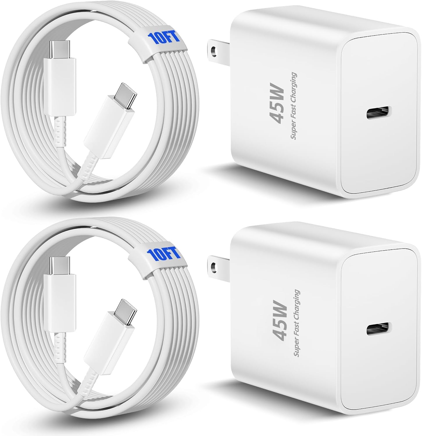 45 W Type-C Super Fast Charger Long Type C Charger Fast Charging 6/10FT 2 Pcs Phone Charger Cable Cord Suitable for Galaxy S25/S24 S23 S22 S21 Ultra/S20/S20 Ultra/Note 20 Ultra (45 W White, 10FT)
