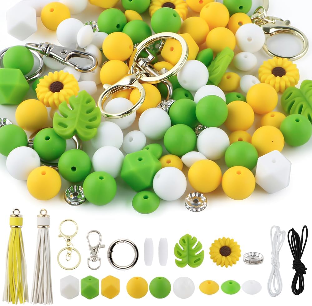 119Pcs Green 12mm 15mm Silicone Beads for Keychain Making,Leaf Sunflower Flower Silicone Focal Beads for Pens,Breakaway Clasps Tassels Keychains for Lanyard Making DIY Accessories