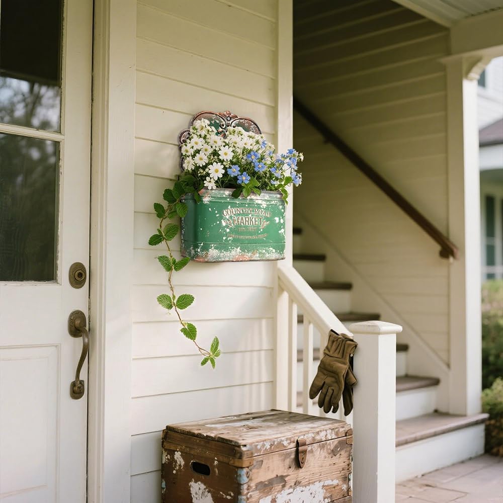 All Chic Set of 2 Metal Hanging Wall Planters Outdoor Indoor Mail Wall Mounted Planter Antique Shabby Chic Wall Decor (Green)