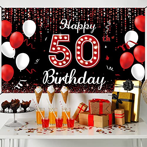 50th Birthday Decoration Backdrop Banner, Happy 50th Birthday Decorations for Women, Red Black White 50 Years Old Birthday Party Yard Sign Photo Booth Props for Outdoor Indoor, Fabric Vicycaty