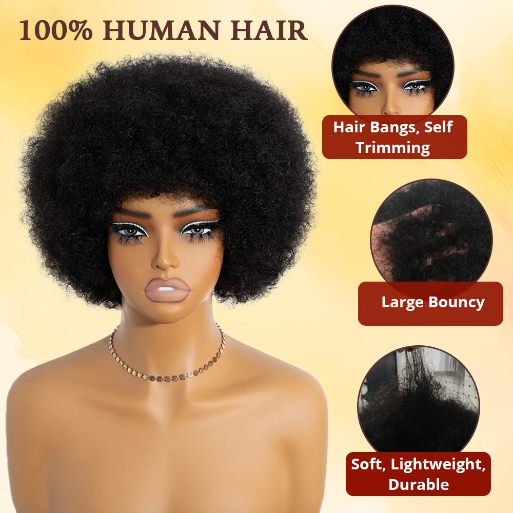 Afro Human Hair Wigs 70s Short Afro Wig for Black Women Short Kinky Curly Glueless wig with Bangs for Daily Cosplay Party (Black)