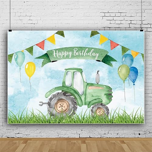 Miniatura 5 de Telón de fondo de cumpleaños de tractor verde de granja de 7 x 5 pies para decoración de fiesta de cumpleaños de niños, fondo de fotografía, globo