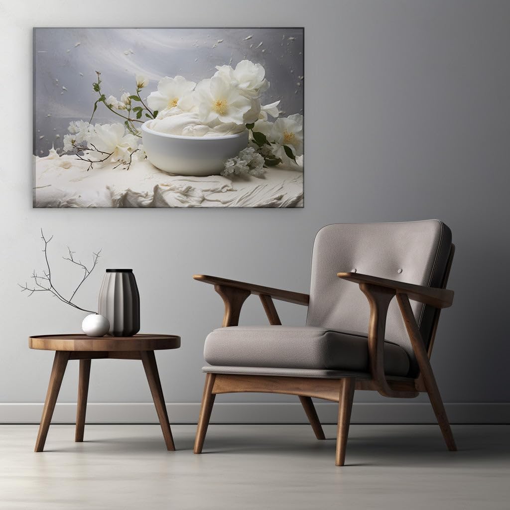 Canvas for Living room. Whispering Whites: A Serene Symphony of Marshmallows and Roses, 27 x 18 inch Canvas Wall Art - Contemporary Masterpieces - Botanical Home Decor