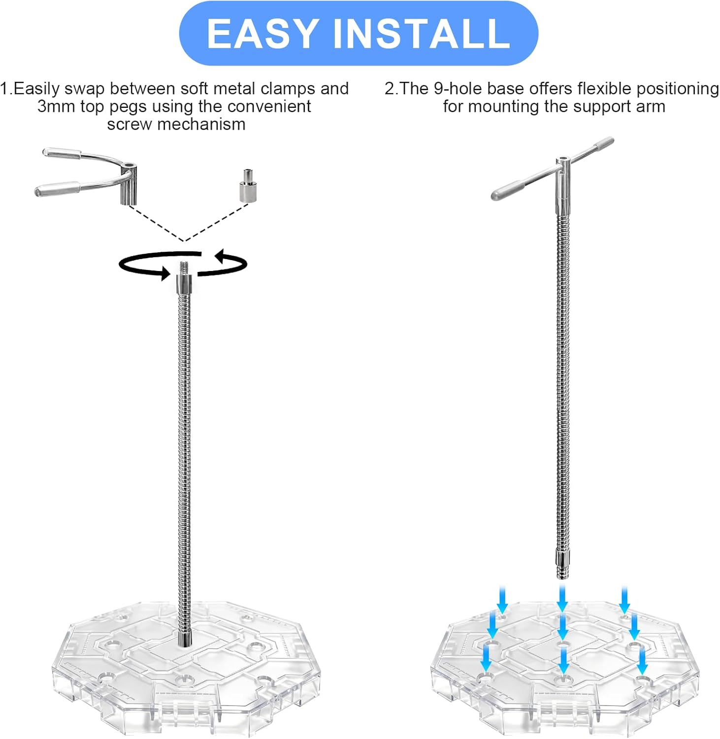 2 Pack Action Figure Stand with 2 Adjustable Serpentine Arms Soft Metal clamp & 3mm Metal Peg, Figure Display Holder Stand Base Compatible with 6 inch Marvel Legends and HG RG SD SHF Gundam 1/144 Toy