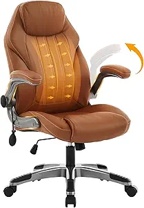 Office Desk Chair, Ergonomic Computer Chair with Padded Flip-Up Arms and Adjustable Lumbar Support, PU Leather Executive Chair with Tilt Lock and 360° Swivel Rolling Wheels for Work, Study