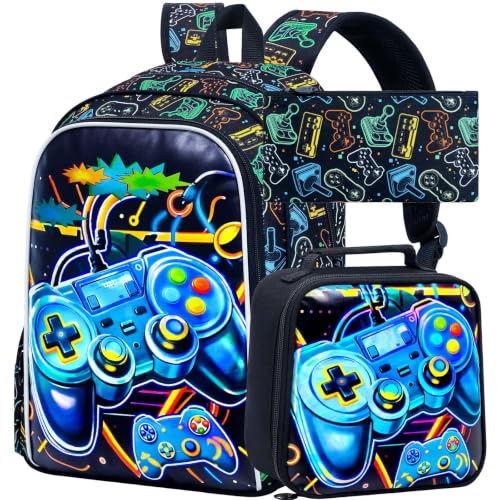 Image of CCJPX 3Pcs Gamer Backpack for Boys, 16 inch Kids Bookbag with Lunch Box, Cool Water Resistant Schoolbag for Preschool Kindergarten Toddler(Black)