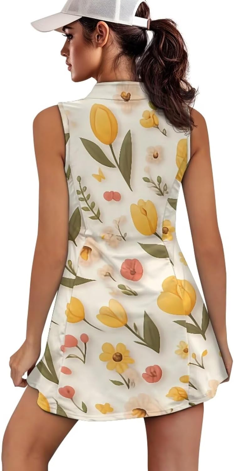 Daisy Flower Butterfly Women's Tennis Dresses Pumpkin Halloween Sleeveless Athletic Tank Tie-Dye Casual Golf Dress