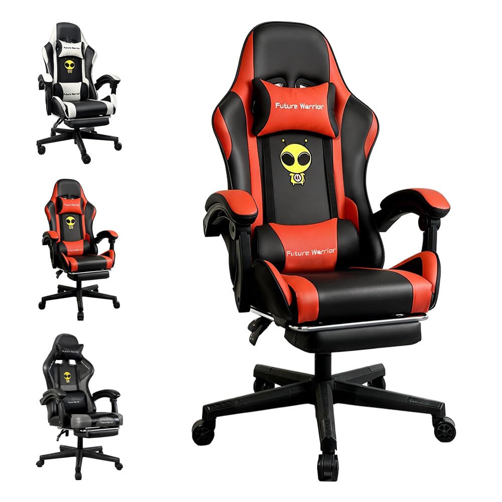 Sedia da gioco ergonomica con poggiapiedi, poggiatesta e supporto lombare, regolabile in altezza, sedia da gioco imbottita, sedia girevole per PC, colore nero (nero-rosso)