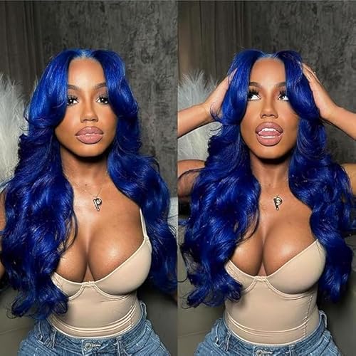 RUOXUAN Blue 9x6 Body Wave Lace Front Wigs Human Hair Pre Plucked 200% Density Dark Blue Human Hair Pre Cut For Women HD Transparent Lace Frontal Colored Wigs