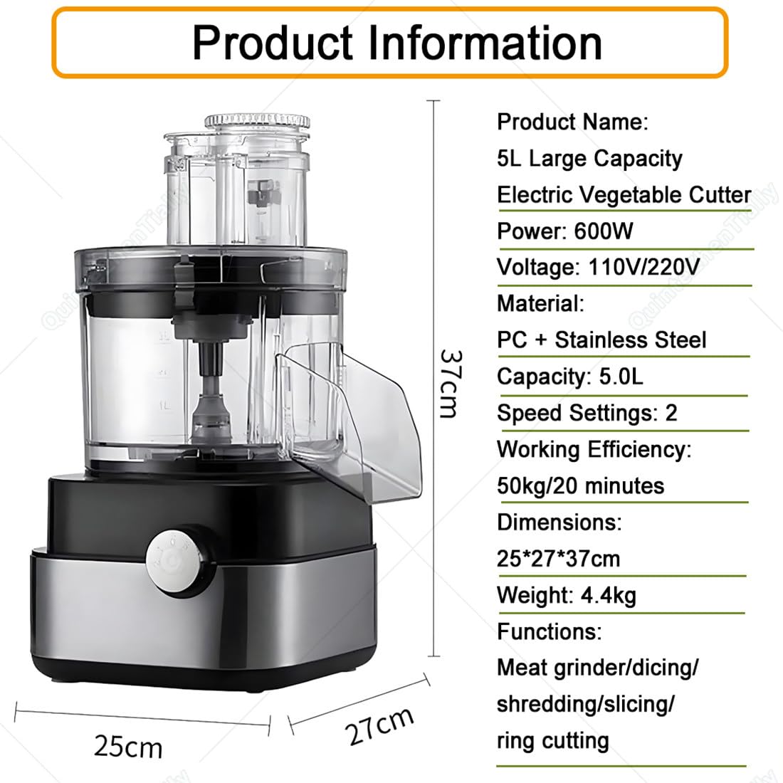 Robot Kuchenny 600 W Z 5 Ostrzami Stali Nierdzewnej,Pojemność 5000 Ml | Wielofunkcyjna,Elektryczna Krajalnica Do Warzyw,Łatwa W Czyszczeniu,Wydajność Pracy 50 Kg/20 Min,Dla Firm Rodzin
