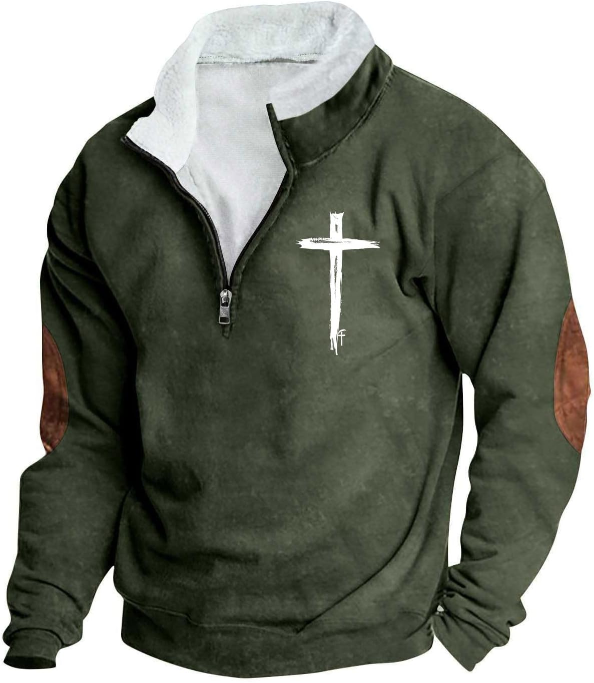 Mens Fleece Quarter-Zip Cadet Collar Sweatshirt Cross Jesus Christ Christians Muscle Tops Elbow Patch Sweater