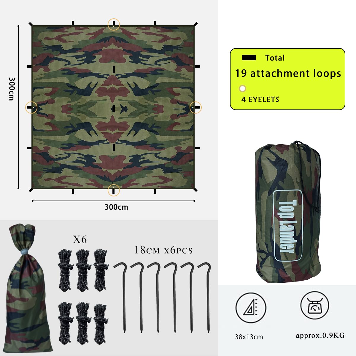 Tarp 3 x 3 wodoszczelna wielofunkcyjna plandeka namiotowa, ultralekka plandeka z oczkami, żagiel przeciwsłoneczny do hamaka, wędrówek, pikników, aktywności na świeżym powietrzu