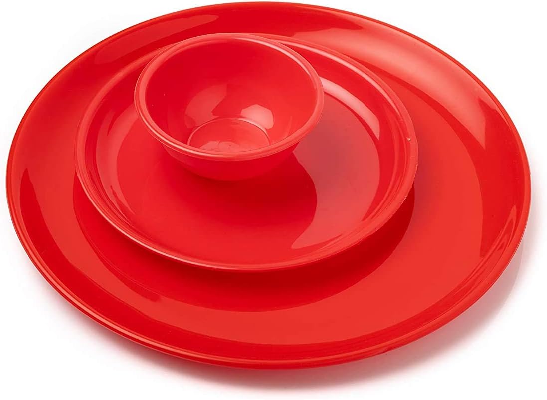 - Microwave Safe 6 pcs Round Dinner Set - Porcelain Look, Ultra Light, Break Resistant (2 Big Plate + 2 Quarter Plate + 2 Bowls), Cherry Red