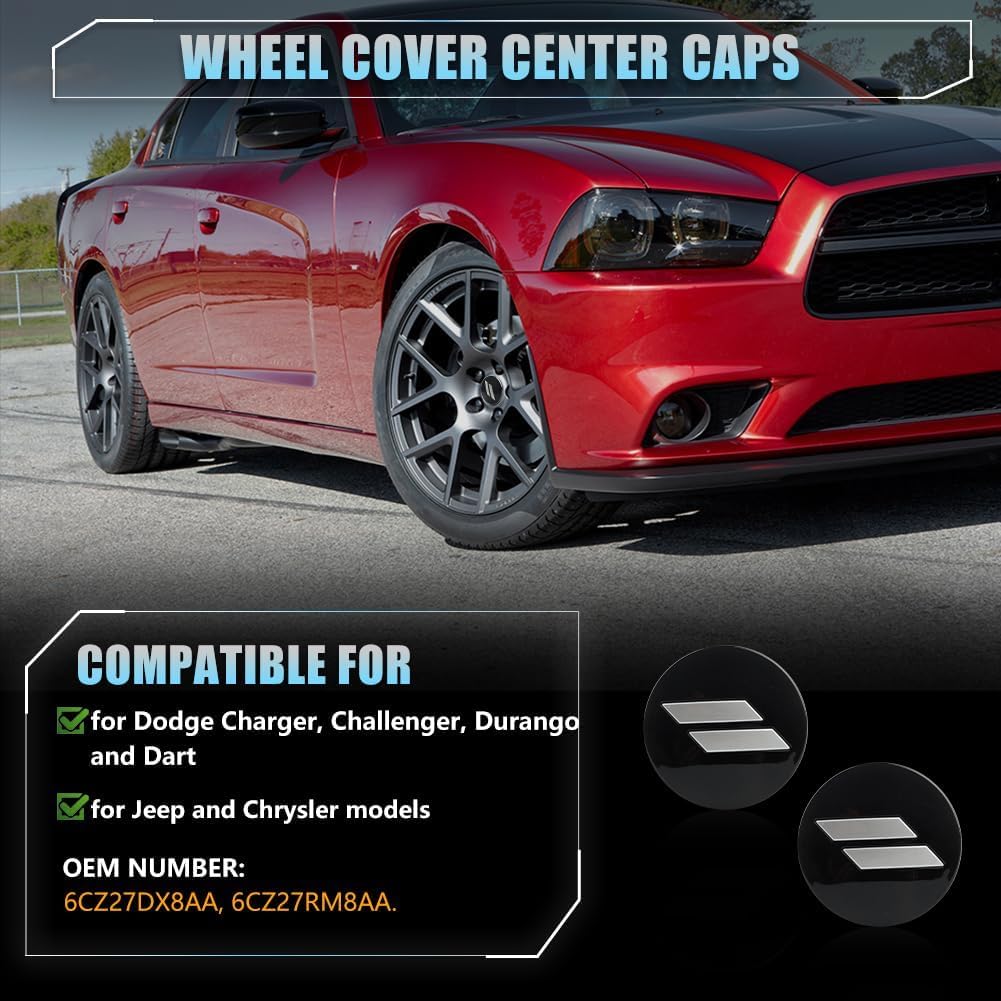 4pcs Wheel Center Cap Hub Cap Emblem Badge 63mm/2.5 inches Slash Covers for Dodge Charger Challenger Durango Hornet Dart R/T SRT Magnum Nitro Journey Caliber Avenger (Black & Silver)
