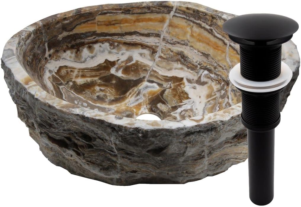 Miseno MVS-NOSV-TO 16" Specialty Onyx Vessel Bathroom Sink and Drain Assembly - Natural Travertine Onyx/Matte Black Drain