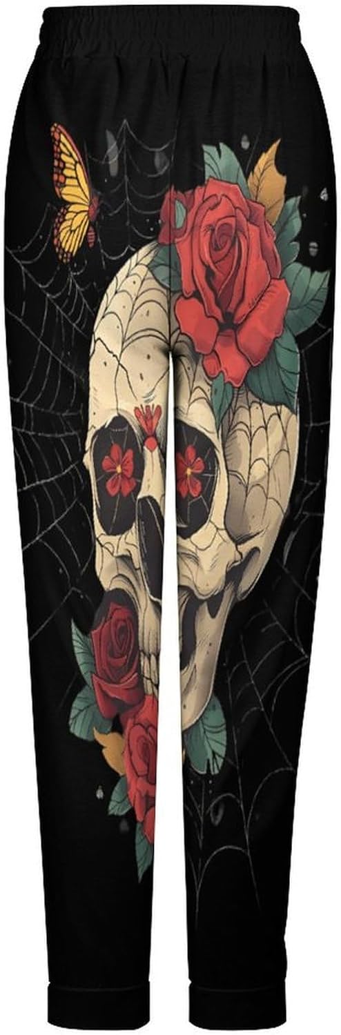 Rose Skull Spider Web Soft Women Pajamas Pants Long Lounge Bottoms Pant Sleepwear Nightwear Pjs